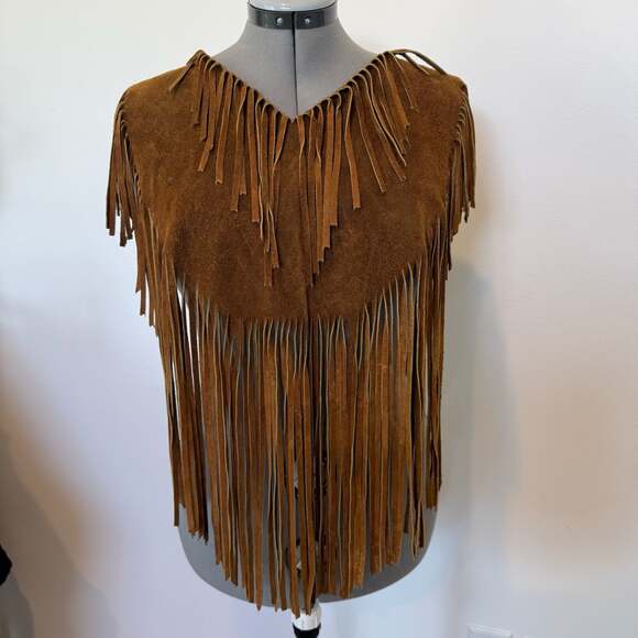 Vintage Jackets & Blazers - Vintage Brown Suede Leather Fringe Western Cowgirl Poncho Cape